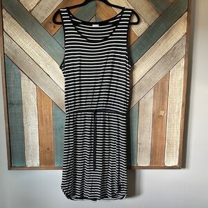Sleeveless Black and White Striped Drawstring Mini Dress